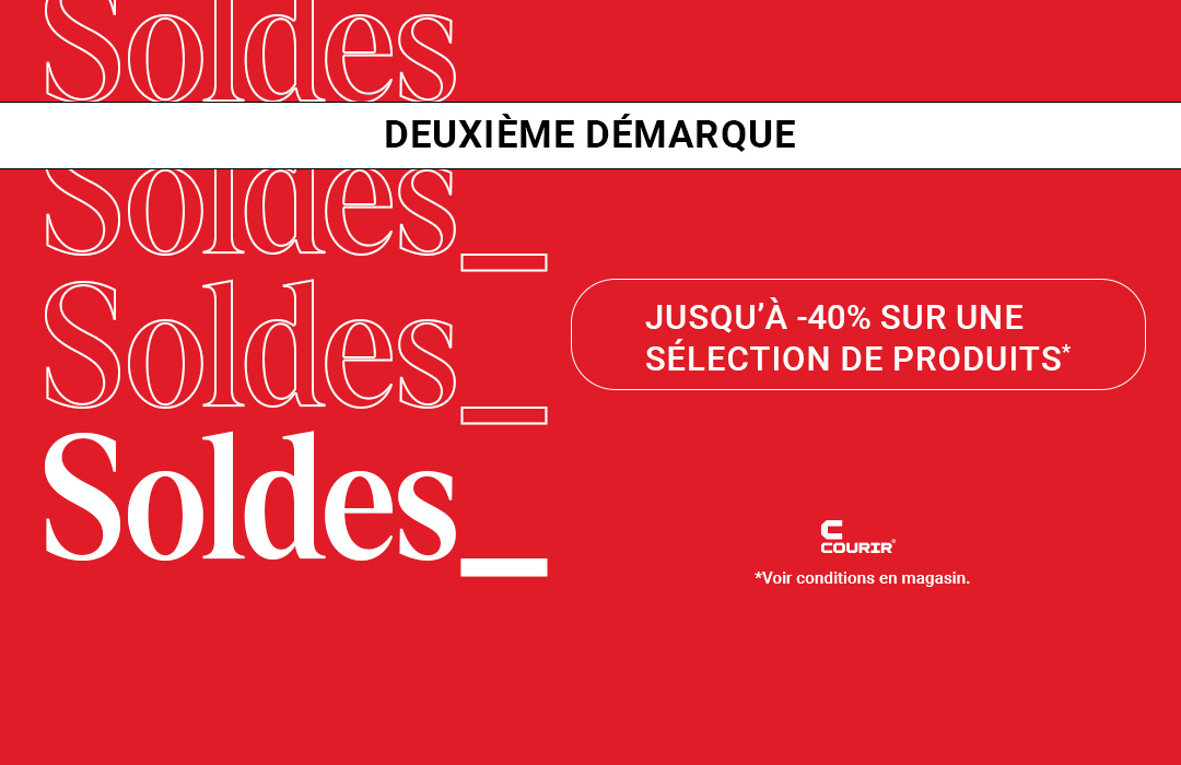 Profitez des soldes dans votre boutique Courir ! Jusqu’à -40%* sur une sélection d’articles.