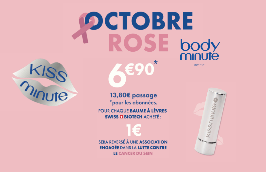 En ce moment dans votre institut Body Minute, pour tout achat d'un baume à lèvres SWISS Biotech acheté à 6.90€*, 1€ est reversé à une association qui est engagée dans la lutte contre le cancer du sein.