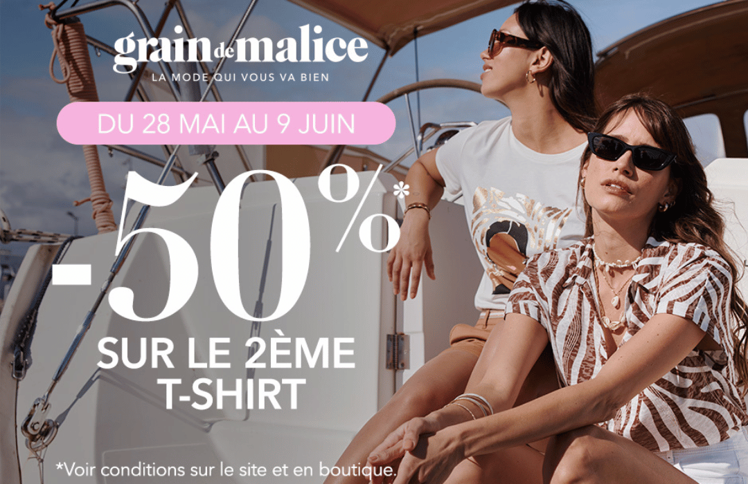 Colorés, imprimés, bien coupés… Nos t-shirts de saison ont tout pour plaire. Et jusqu’au 9 juin, le 2ᵉ est à -50%* : une bonne raison de craquer pour deux indispensables d’été. À shopper du XS au XXL !