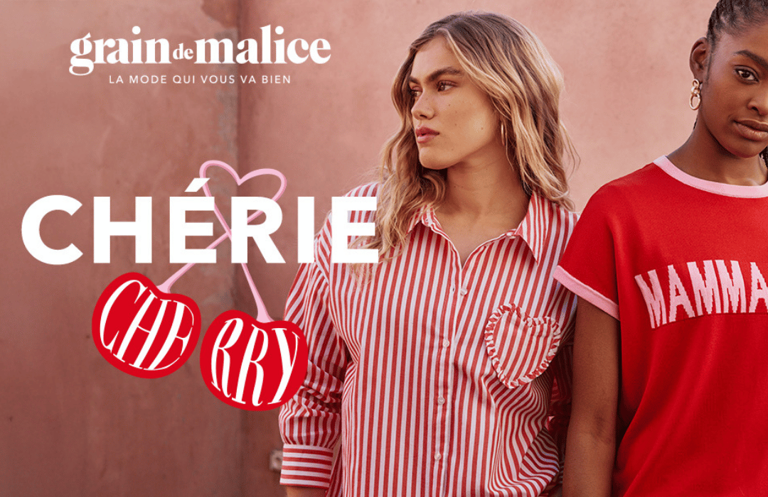Une collection autour de la cerise, symbole de duo parfait et du lien mère-fille à retrouver dans votre boutique Grain de Malice.